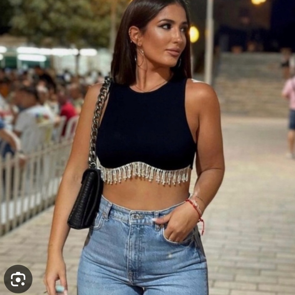 Zara Seamless Rhinestone Crop Top Black Size XS